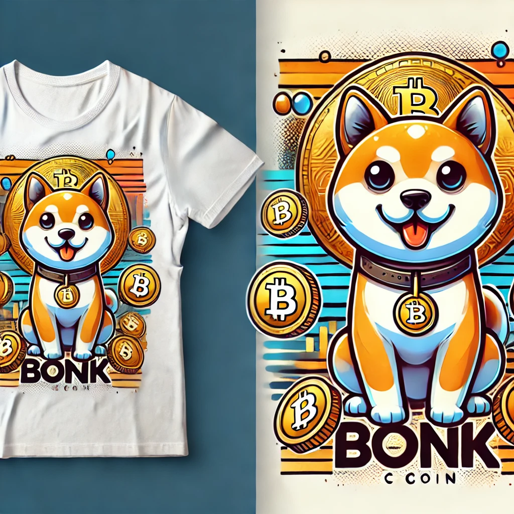 봉크(BONK)의 심볼 시바가 그려진 티셔츠와 포스터