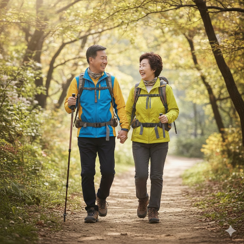 60대 부부가 활기차게 등산을 하거나 공원을 산책하며 활짝 웃고 있는 모습