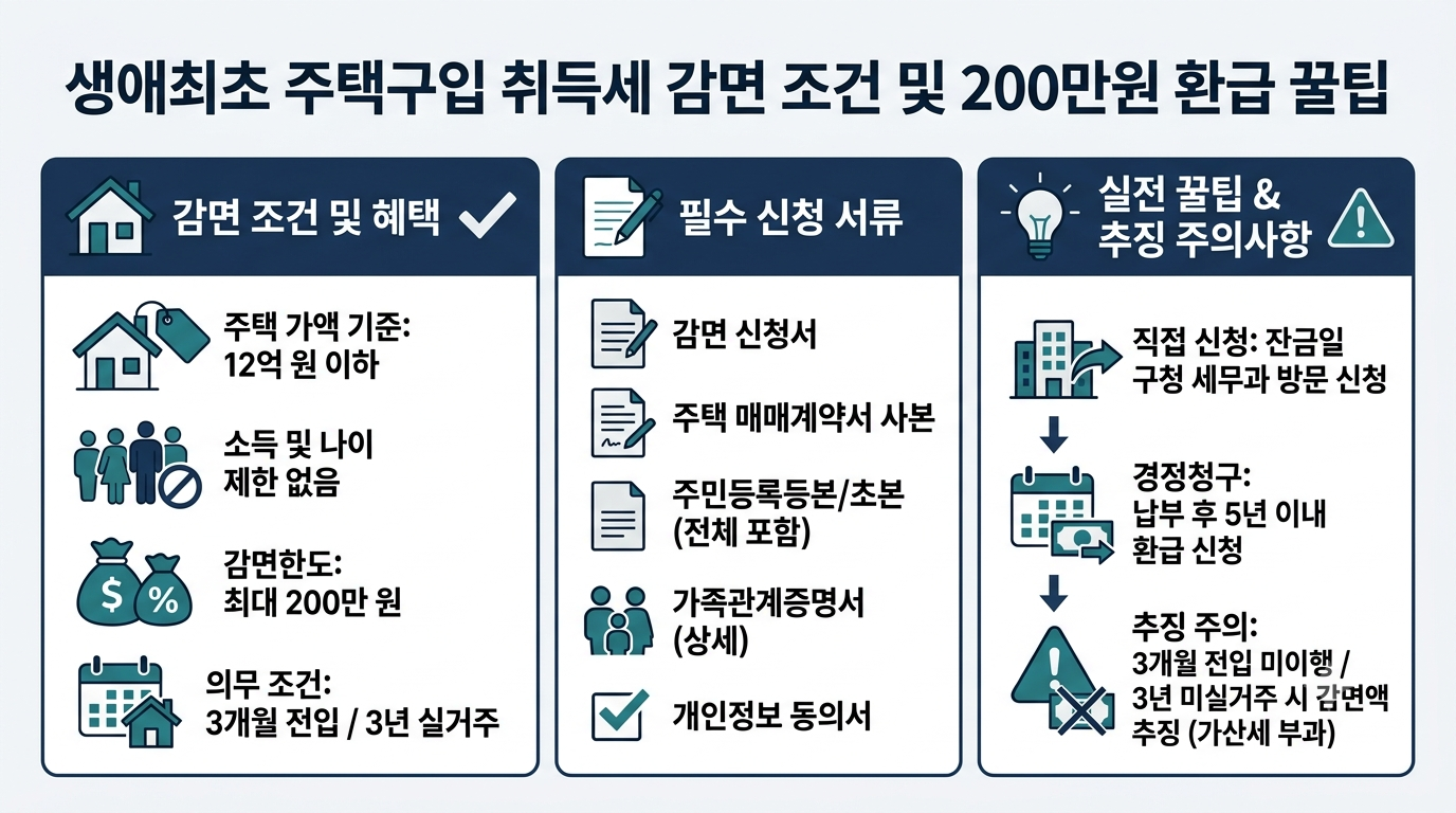생애최초 주택구입 취득세 감면 조건 및 200만원 환급 신청 서류 인포그래픽