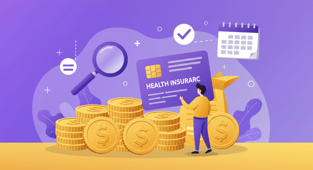 건강보험료 환급금을 상징하는 돈뭉치와 건강보험증이 놓여있고, 그 주변으로 조회, 신청, 기한 엄수를 나타내는 아이콘들이 보라색과 노란색 그라데이션 배경에 떠다니는 모습.