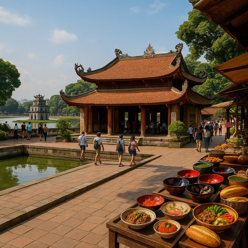 붉은 기와 지붕의 문묘 전경 앞 연못가를 산책하는 사람들 뒤로 호안끼엠 호수의 거북이 탑과 동쑤언 시장의 길거리 음식 풍경