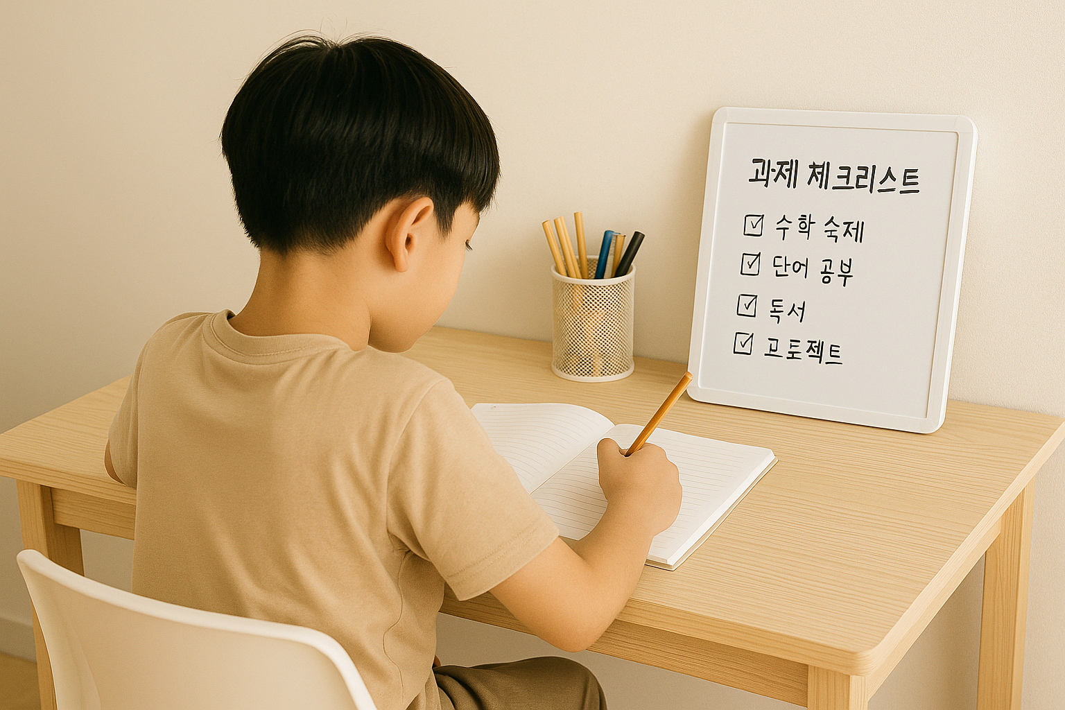 정리된 공부방에서 집중해 공부하는 아이의 모습