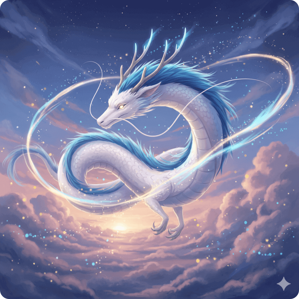 alt="하쿠에서 영감을 받은 백룡 일러스트, 푸른 갈기를 가진 흰 용이 구름 사이를 날며 마법의 입자와 함께 환상적인 분위기를 자아내는 이미지"