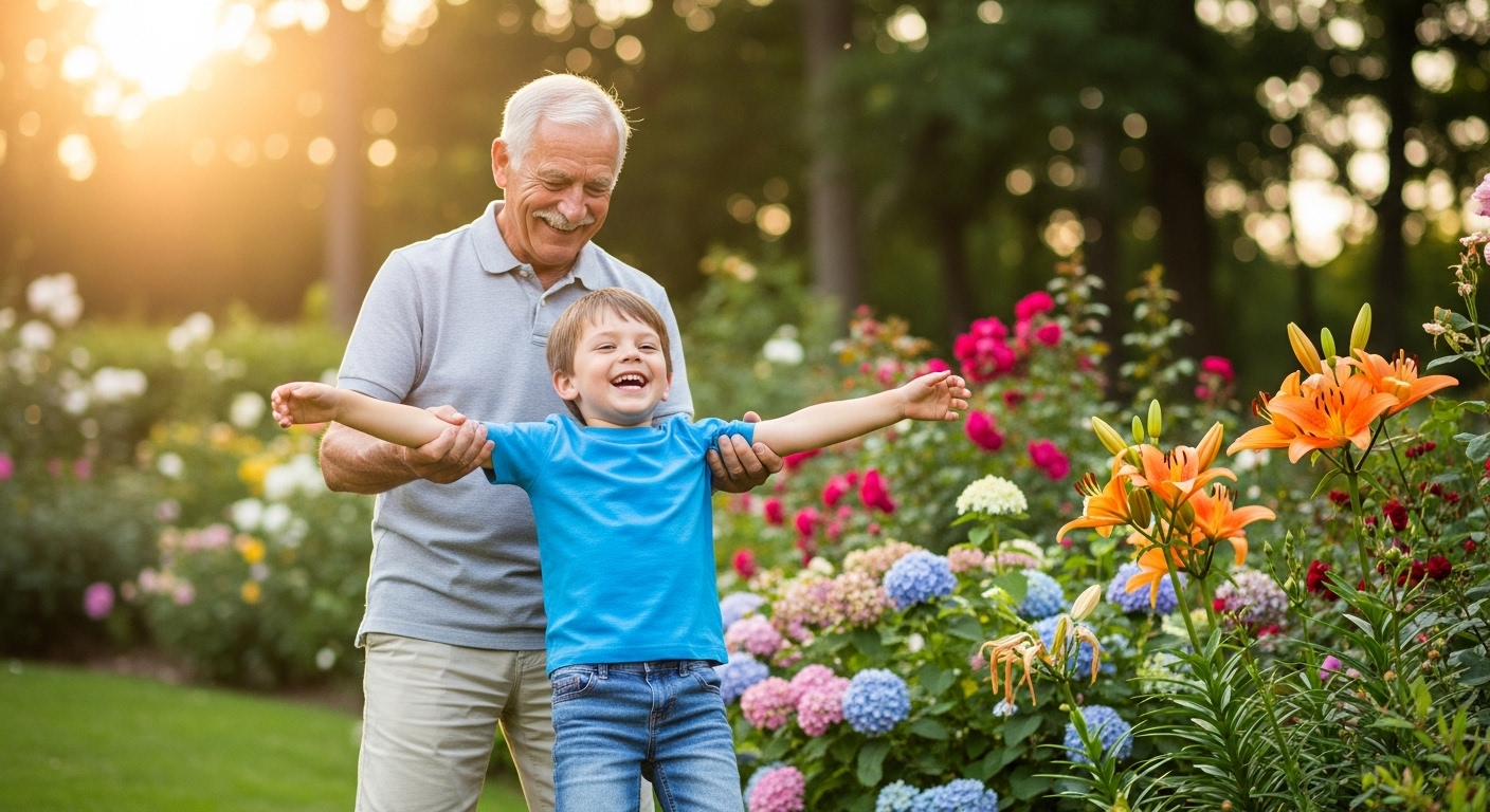 경제적 자유를 얻고 손주와 함께 행복한 시간을 보내는 은퇴자의 모습. 평온함을 상징함