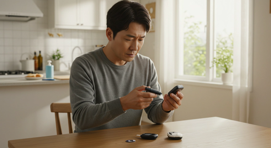 혈당 측정기 사용하는 한국인 남성
