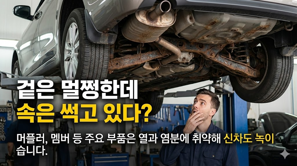 겉으로는 깨끗해 보였던 내 차의 충격적인 진실을 마주한 차주의 모습을 담았습니다. 리프트에 띄운 차의 하부에서 발견된 심각한 부식은 "겉은 멀쩡한데 속은 썩고 있다?"라는 질문에 대한 답이 됩니다. 신차도 예외일 수 없는 하체 부식의 심각성을 알리는 첫 번째 단계입니다.