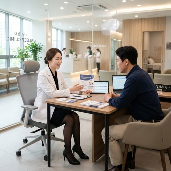 수면다원검사에 대해 상담을 받고 있는 모습