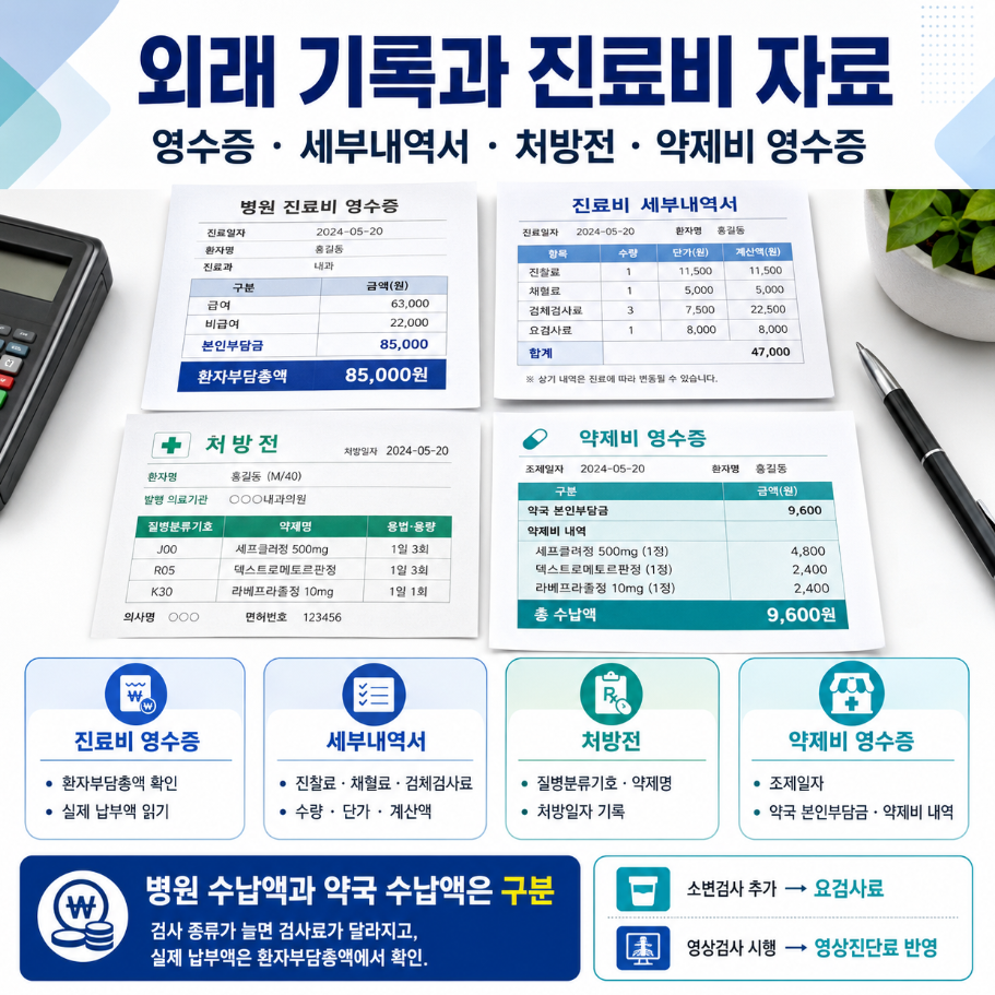 외래 기록과 진료비 자료를 진료비 영수증, 세부내역서, 처방전, 약제비 영수증으로 구분한 수납 안내 인포그래픽