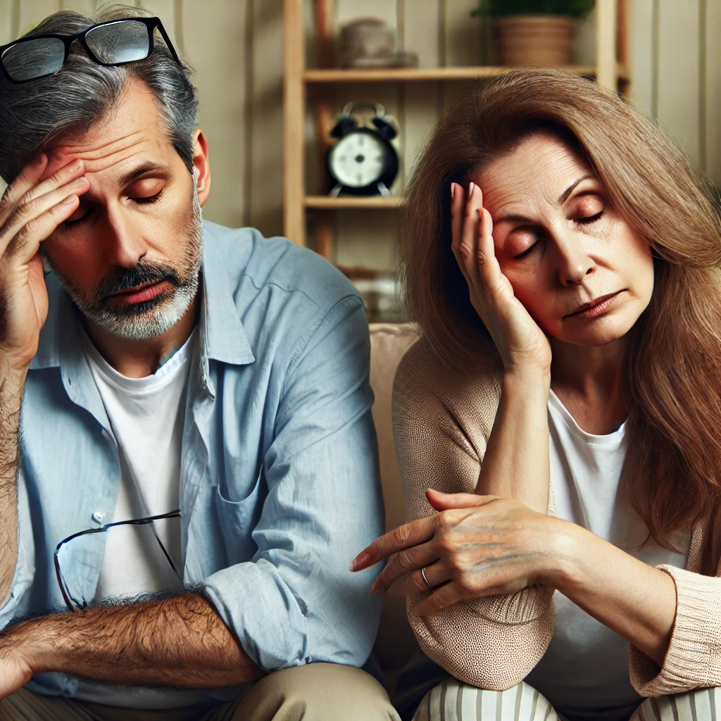 수면 부족으로 인해 피곤함을 느끼는 중년 남녀의 모습.