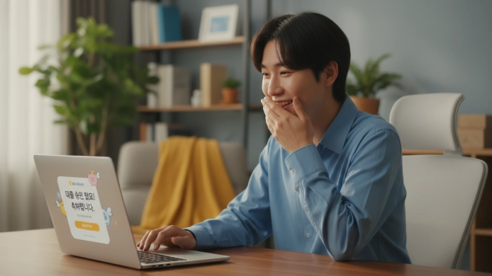 카카오뱅크 앱에서 비상금대출 승인 메시지를 확인하며 안도하는 무직 청년의 모습, 통신등급 관리를 통한 금융 생활의 희망.