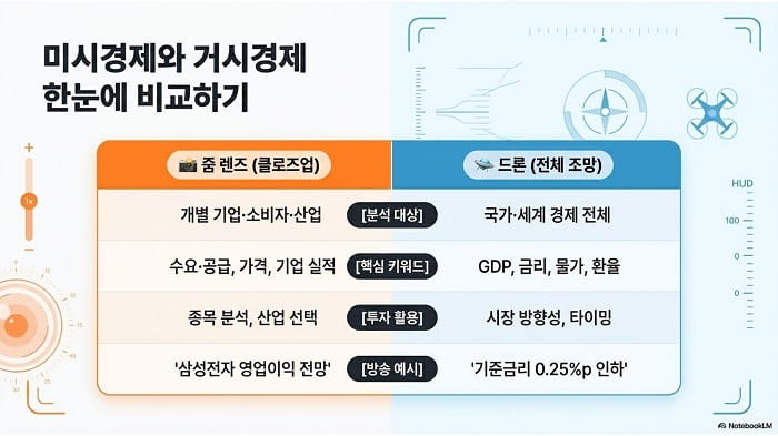 미시경제와 거시경제 한눈에 비교하기 줌 렌즈(클로즈업), 드론(전체 조망)