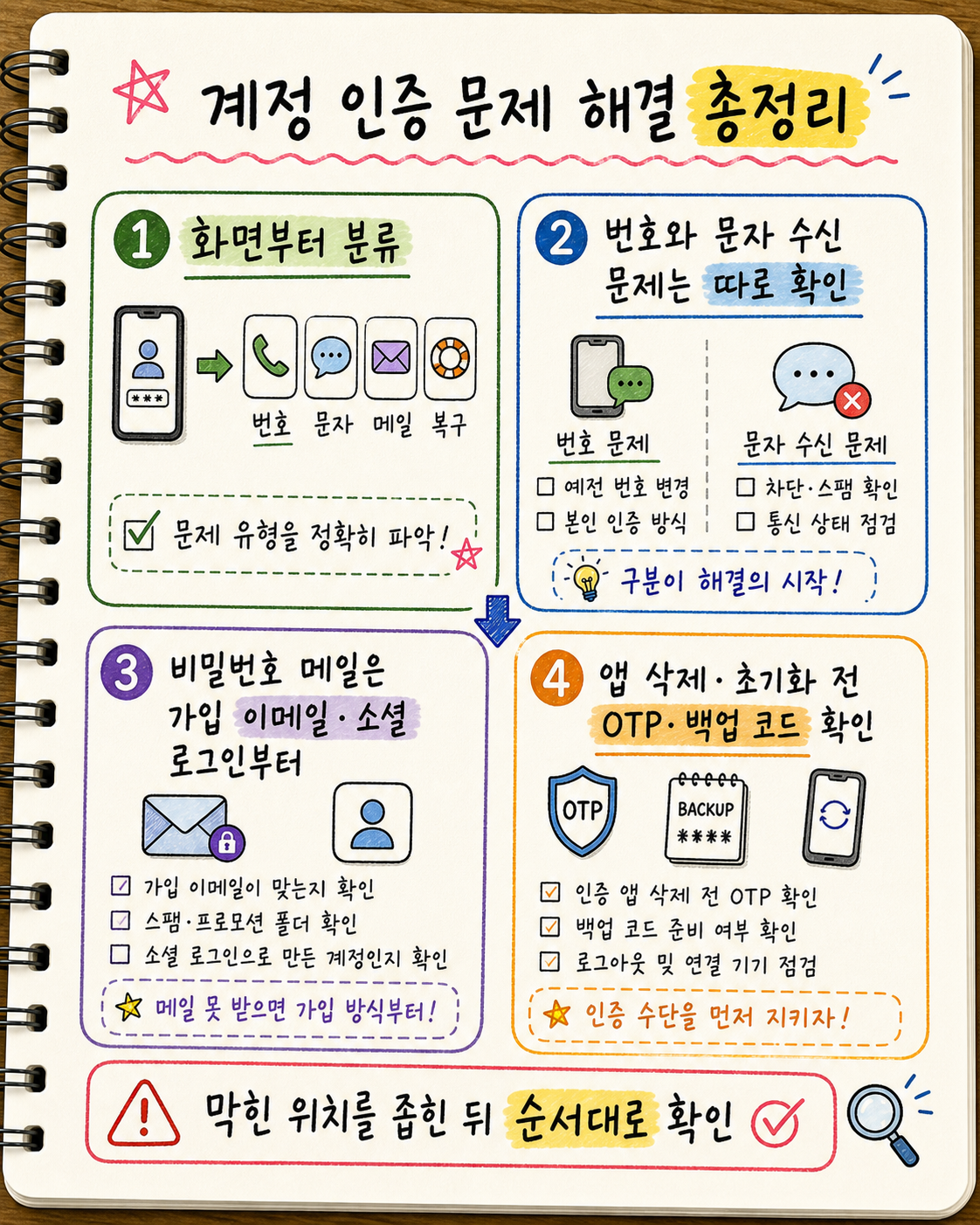 계정 인증 문제 해결 총정리를 화면 분류 번호 문자 수신 문제 구분 비밀번호 재설정 메일 가입 이메일 소셜 로그인 복구 정보 OTP 백업 코드 순서로 요약한 노트형 인포그래픽