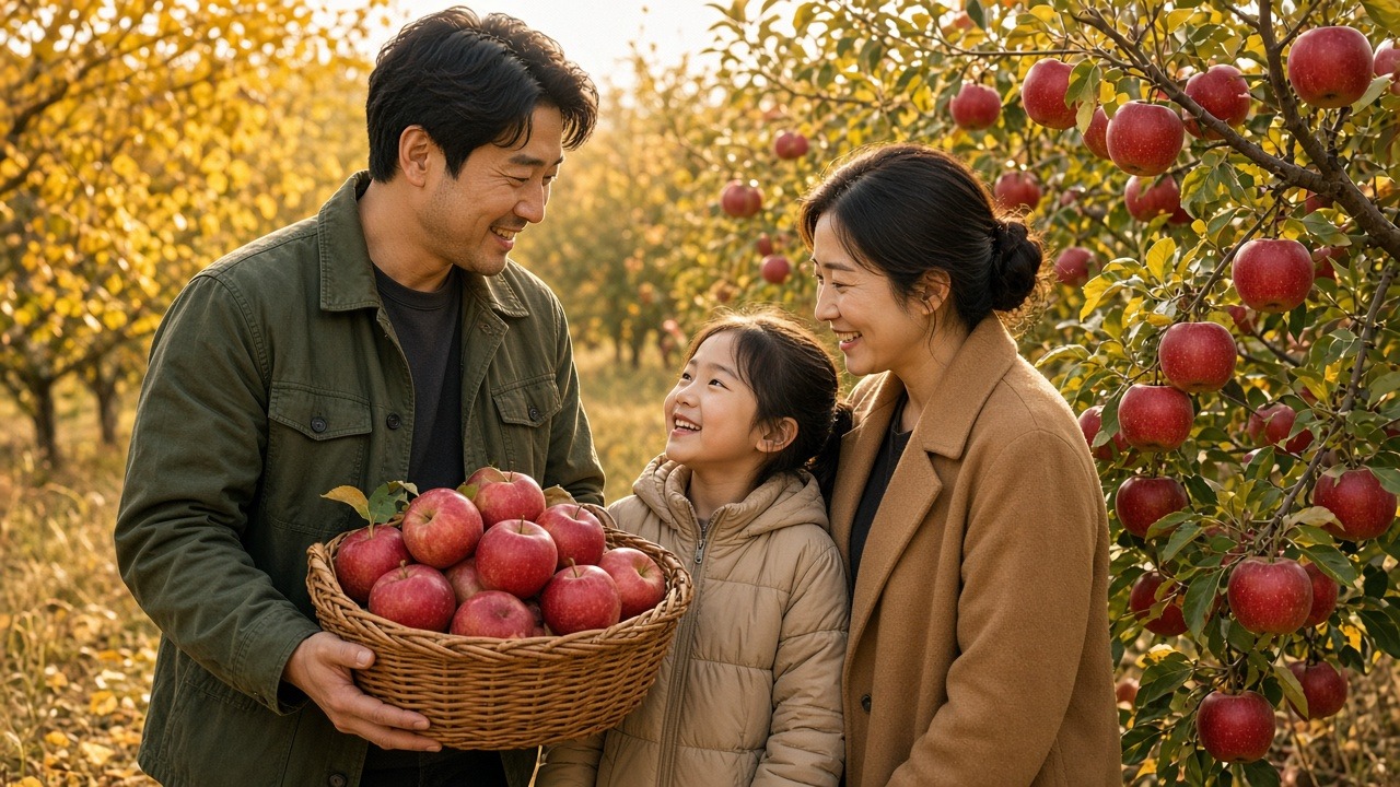 사과밭에서 빨간 사과가 담긴 바구니를 들고 웃는 가족