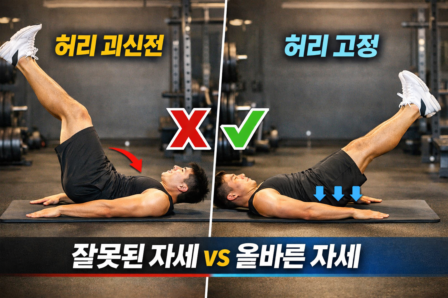 복근 운동 허리 통증 레그레이즈 잘못된 자세 허리 과신전