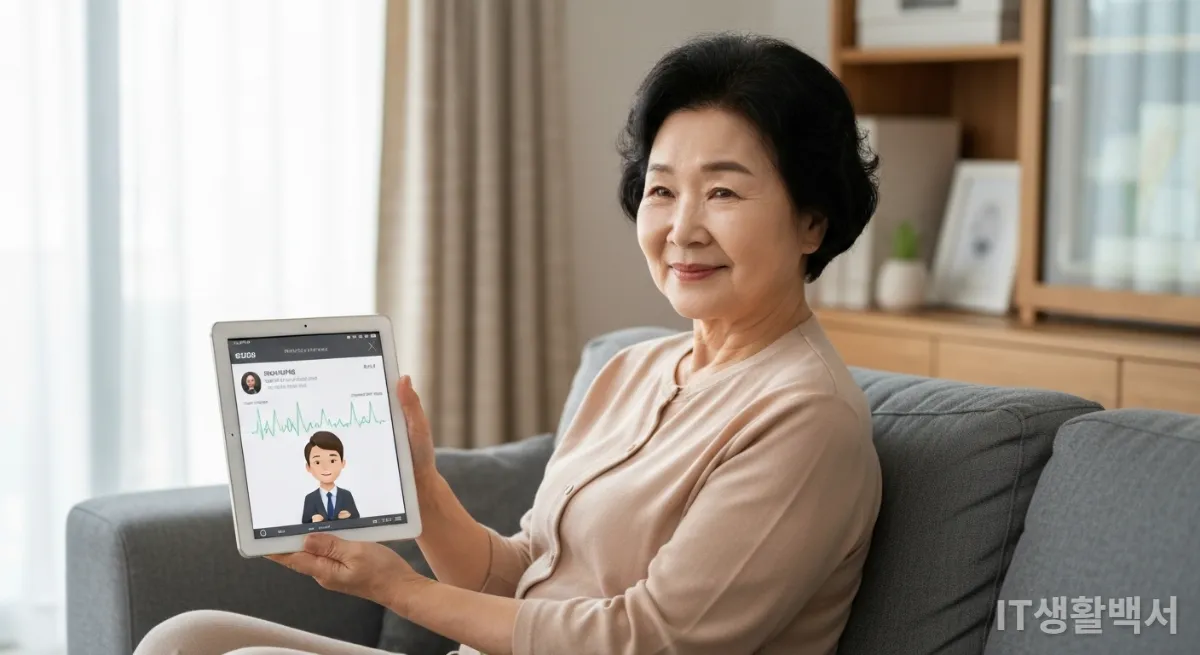 AI 건강 코치 태블릿을 보며 미소 짓는 한국 노년 여성
