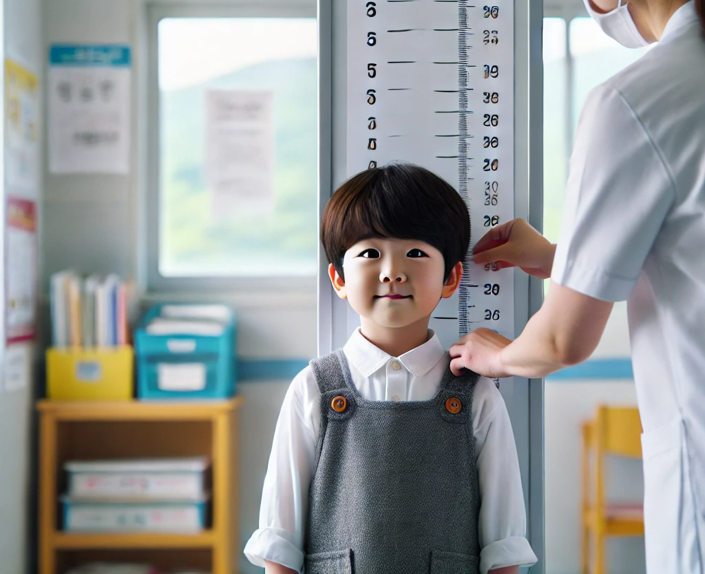 성장기에 키를 재고 있는 10대 남자아이의 모습