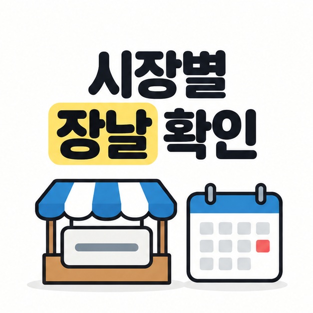 시장별 장날을 확인하자는 문구와 시장 이름표, 달력 그림