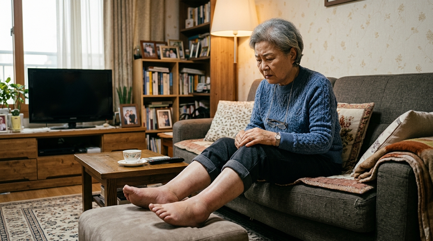혈압약 복용 중 다리 붓기를 확인하는 노인 여성