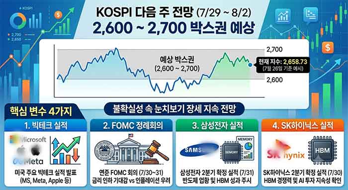 코스피 "다음 주 전망, 6700~7600 박스권?" 빅테크 실적·FOMC·삼성전자·SK하이닉스가 핵심 변수를 이미지화한 것입니다.