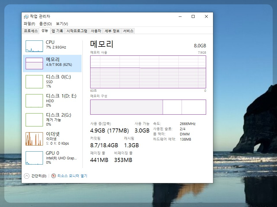 최적화 전 90% &rarr; 최적화 후 62% (3.0GB 확보!)
크롬 11개 켜도 안정적