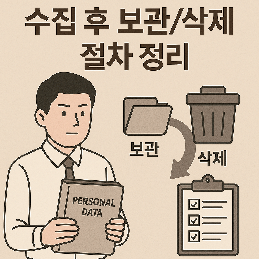 개인정보 수집 후 보관 및 삭제와 관련된 내용을 시각적으로 보여주는 일러스트 이미지