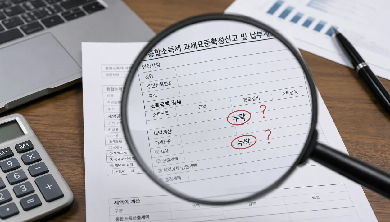 세금 서류의 누락된 부분을 확대하여 확인하는 돋보기 이미지.