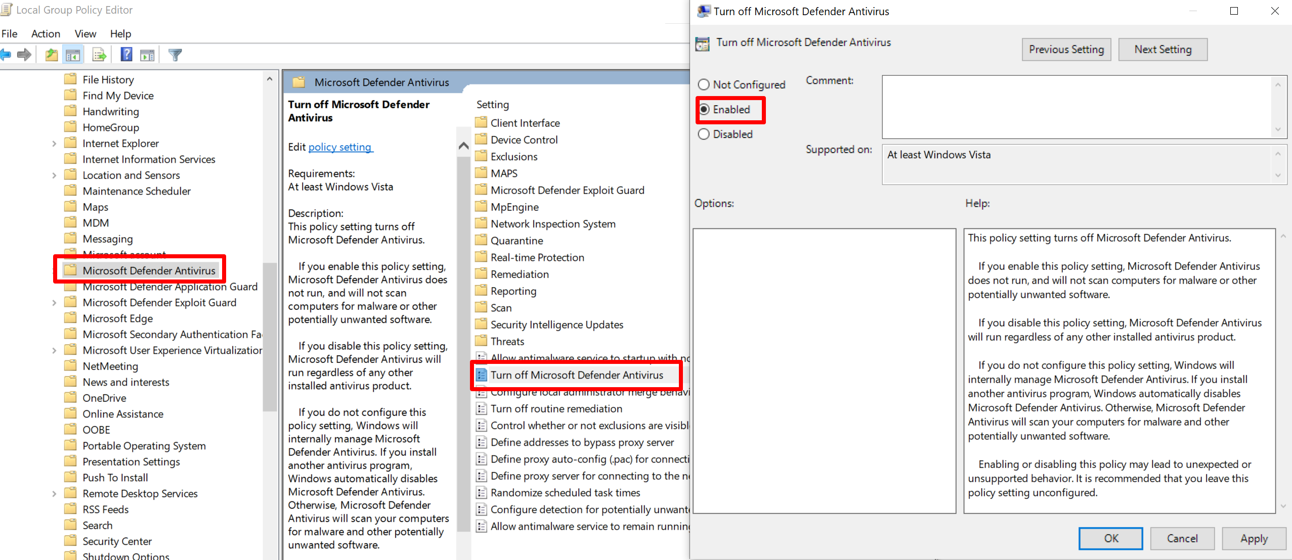 디펜더 끄기, 켜기 프로그램
