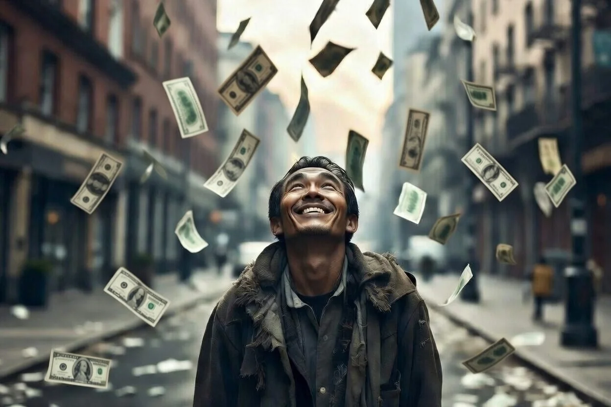 하늘에서 떨어지는 돈을 보며 기뻐하는 동야인의 모습 ai 이미지