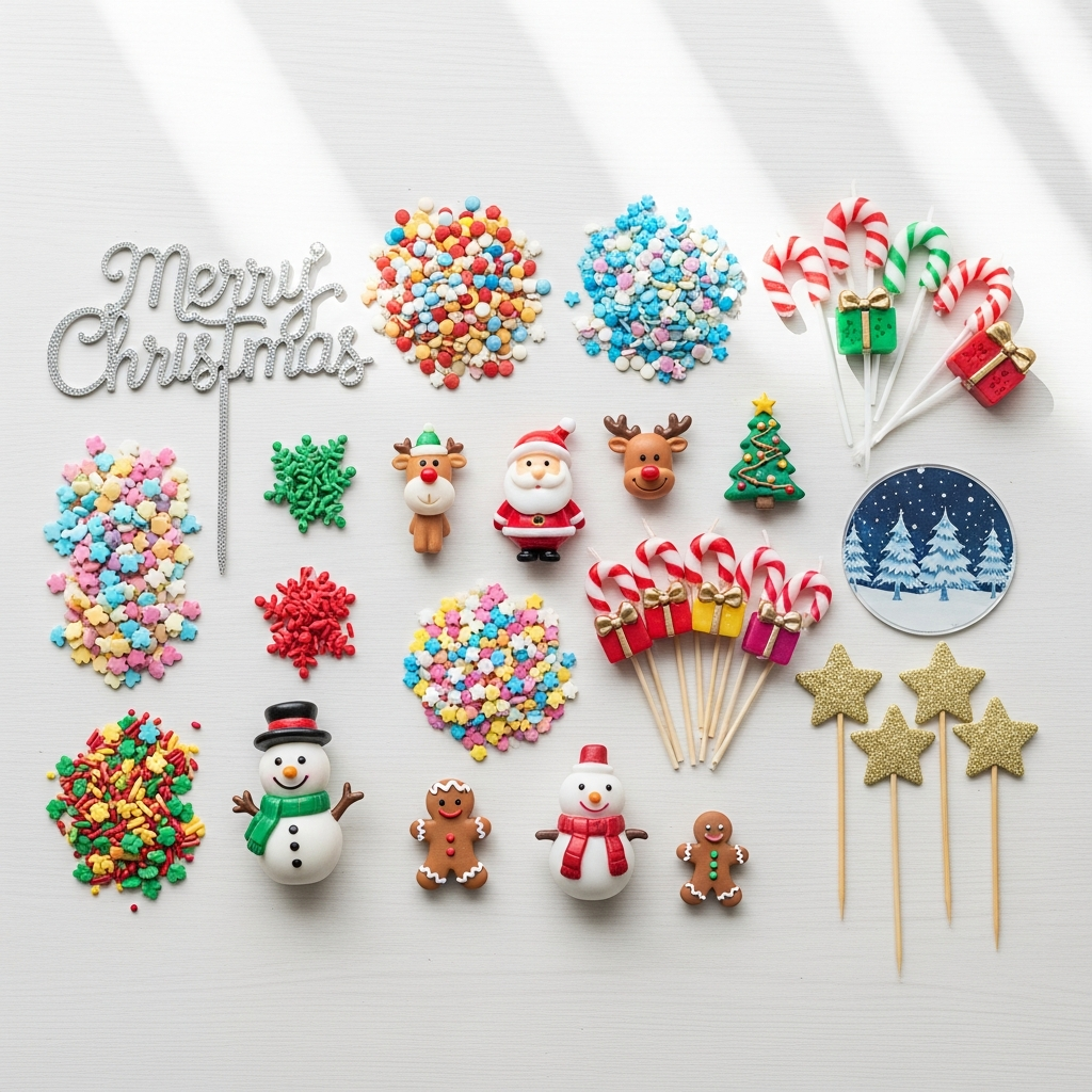 &amp;#39;Merry Christmas&amp;#39; 문구 토퍼와 금은색 장식으로 화려하게 꾸며진 크리스마스 케이크 클로즈업