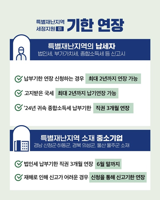 산불 피해 특별재난지역 세정지원 납세 기한 연장 안내문