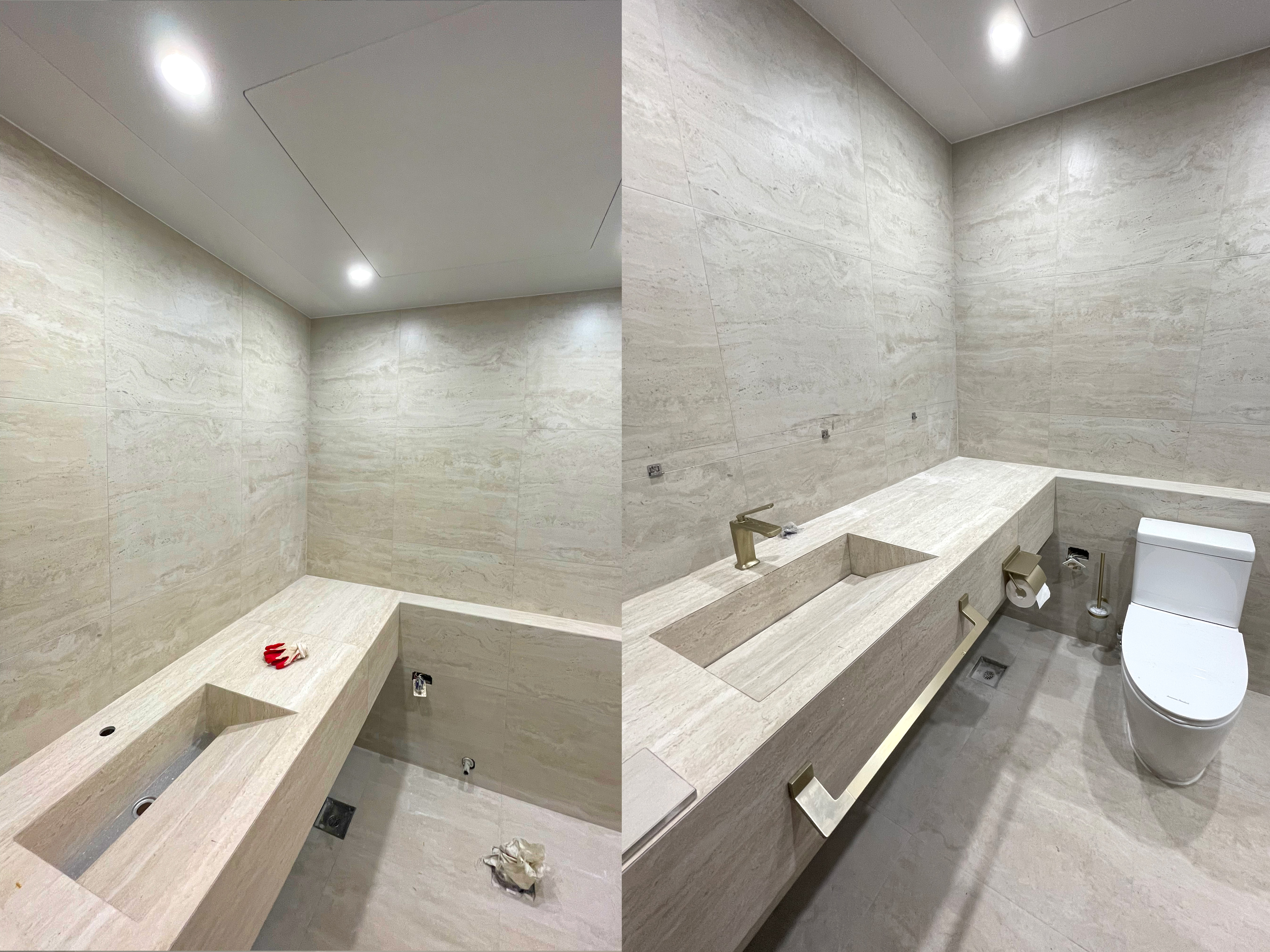 인테리어, 반셀프인테리어, 실전, 욕실, 리모델링, 욕실리모델링, 안방욕실, 조적세면대, 샴페인골드, 수전, 아메리칸스탠다드, 변기, 욕조, 철거, 고뫄스방수, 민경, 트라버틴, 타일, 매지, 타일유가