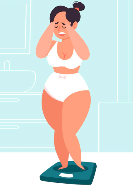 체중계 위에서 절망하고 있는 여자 캐릭터