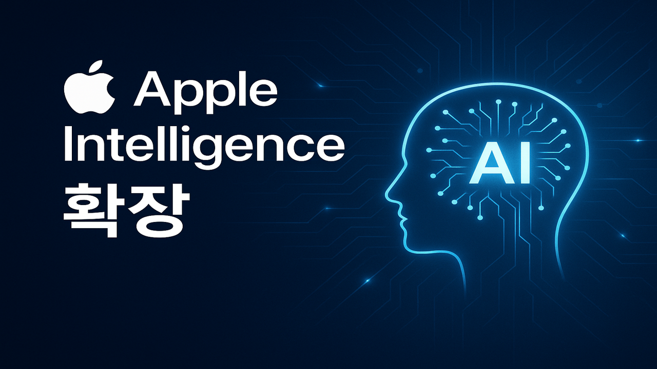 애플 로고와 함께 'Apple Intelligence 확장' 문구, AI 회로가 새겨진 사람 실루엣이 파란 디지털 배경 위에 표현된 이미지