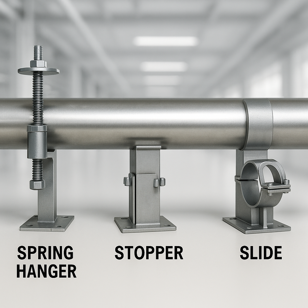 Realistic thumbnail showing spring hanger, stopper, and slide pipe supports for industrial cleanroom piping
