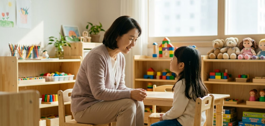 따뜻한 분위기의 상담실에서 아이와 상담사가 웃으며 대화하는 모습