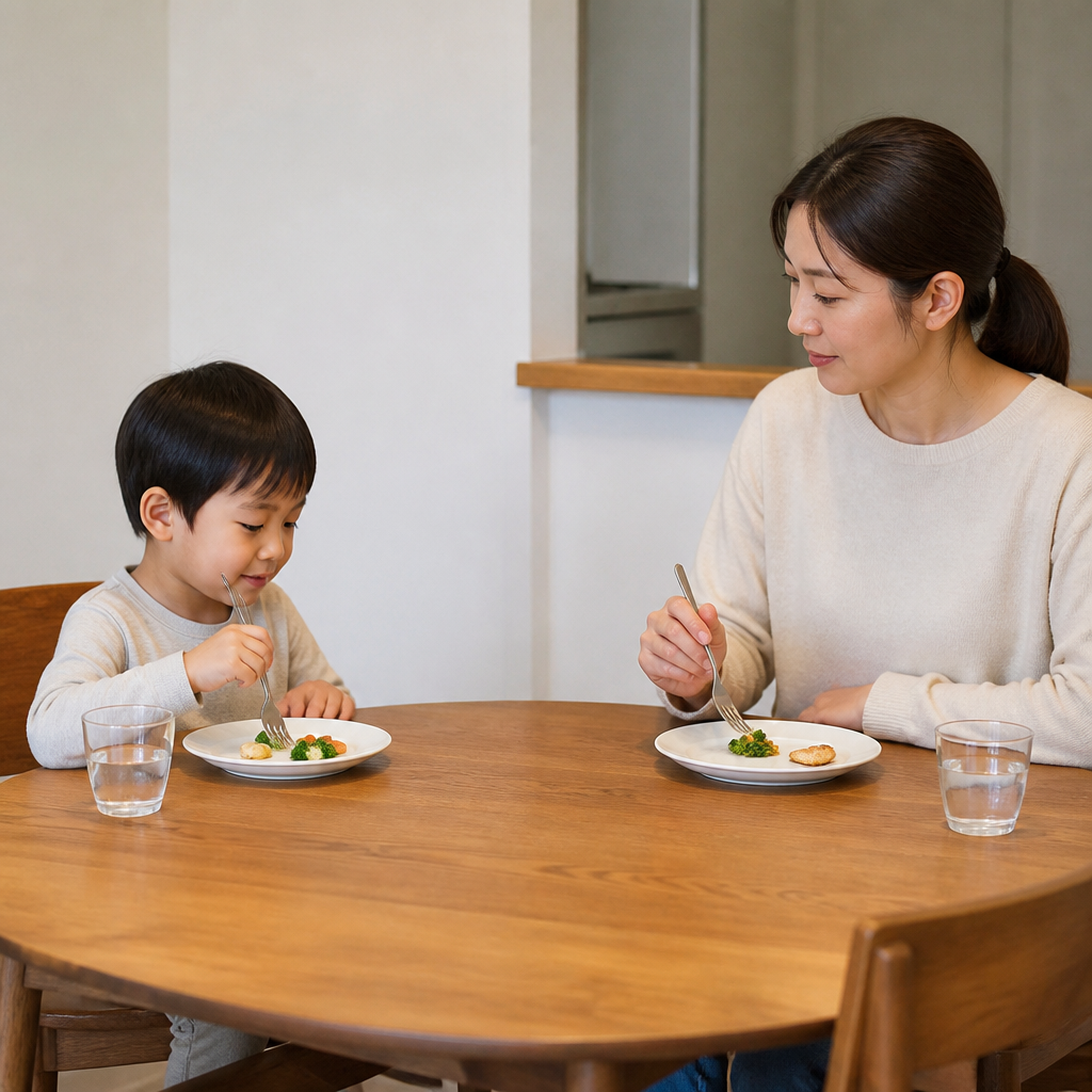 아이와 부모가 식탁에 마주 앉아 작은 양의 음식을 먹는 모습