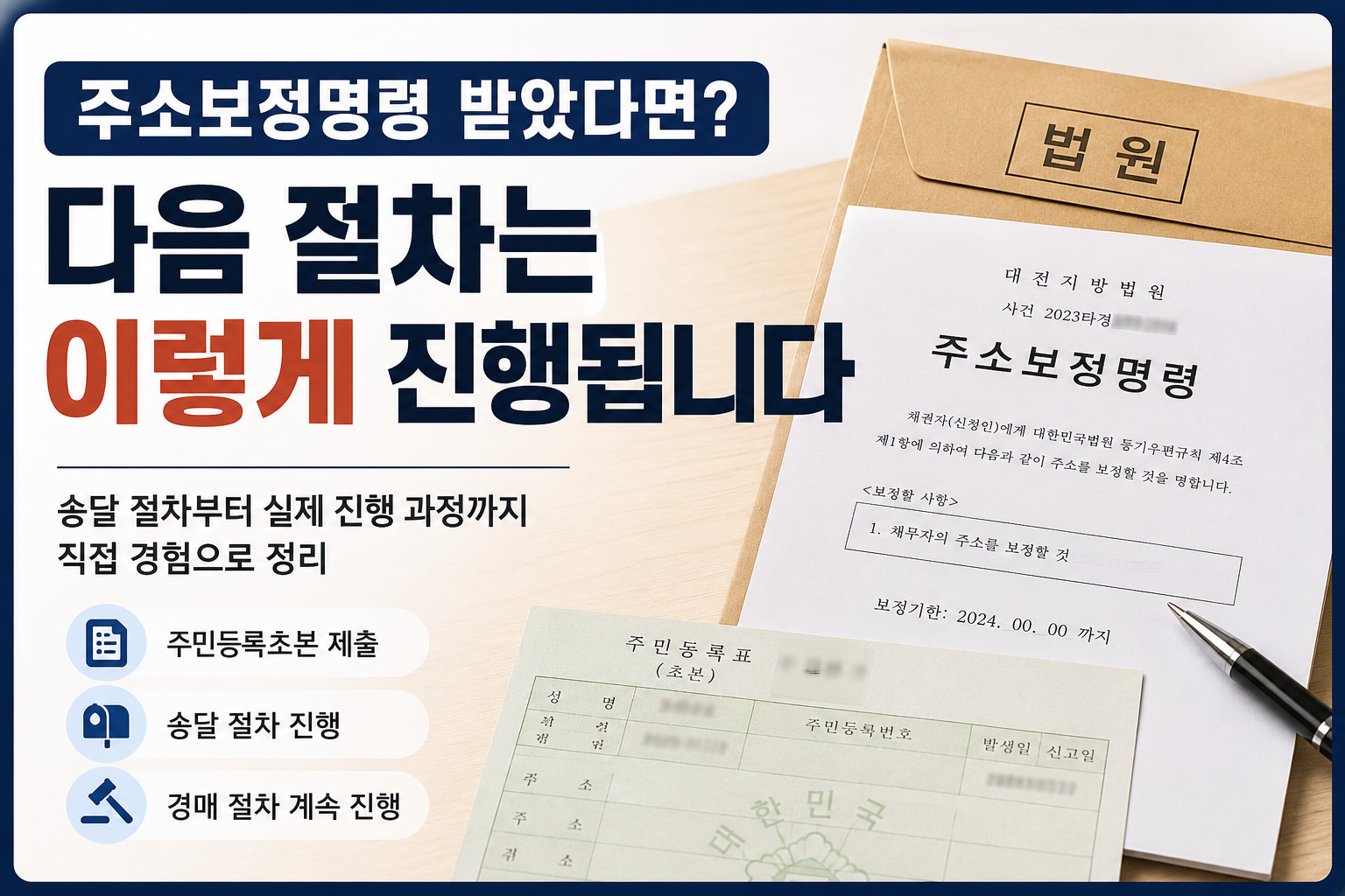 주소보정명령을 받은 뒤 송달 절차와 주민등록초본 제출, 강제경매 진행 과정을 실제 경험으로 설명한 대표 이미지