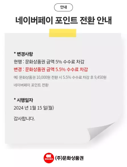 온라인+문화상품권+네이버페이+포인트+전환수수료+변경안내