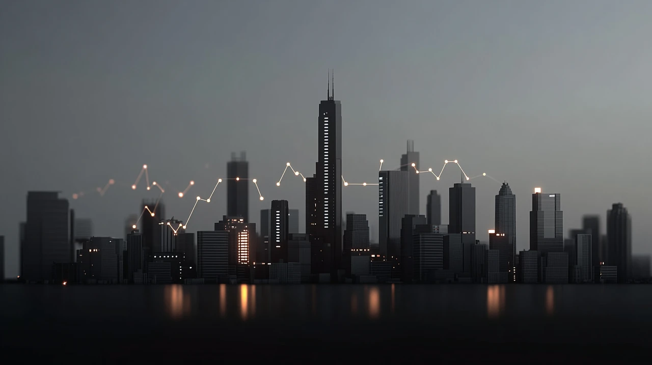 미래 도시의 실루엣과 함께 디지털 금융 성장 그래프를 통해 AI 주도의 혁신과 전략적 발전을 보여줍니다.