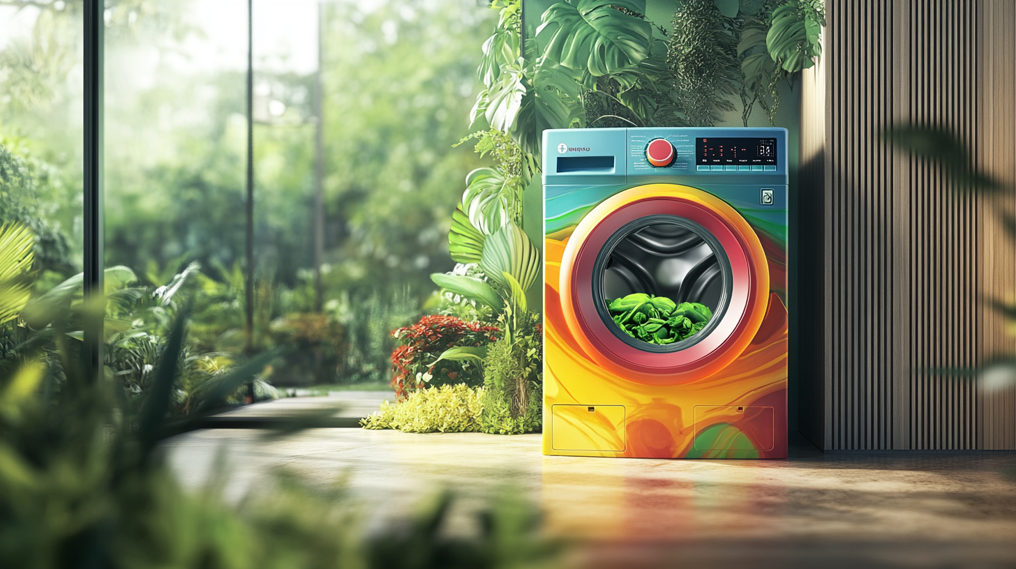 친환경적이고 에너지 절약적인 특성을 특징으로 하는 세탁기의 모습, 현대적인 홈에서 풍부한 초록색 배경과 함께