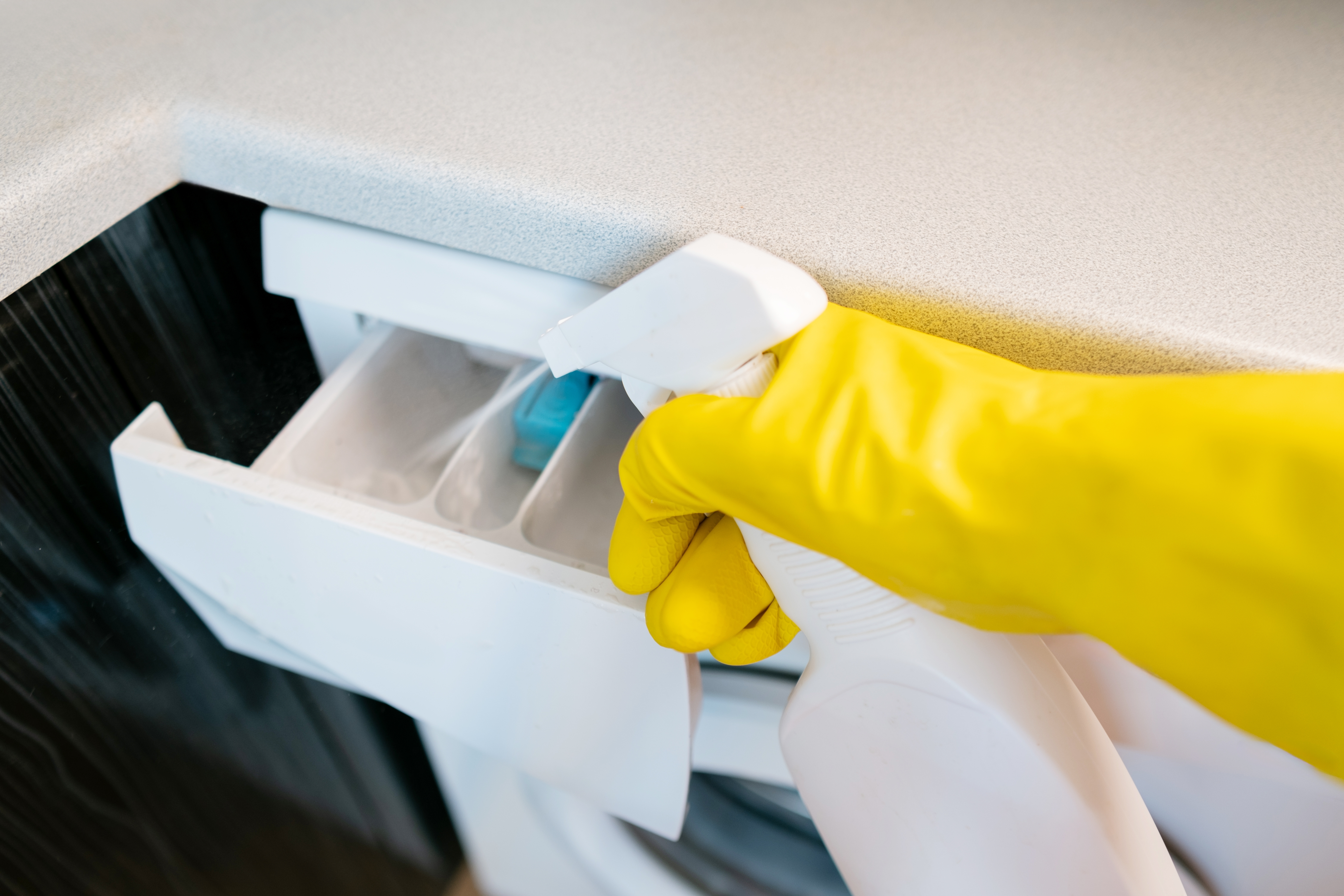 세탁기 세제 투입구를 청소용 스프레이로 세척하는 장면, 장마철 세탁기 악취 예방을 위한 관리 루틴