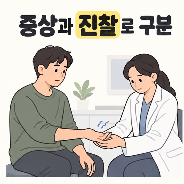 증상과 진찰로 구분이라는 문구 아래 진료실에서 의료진이 환자의 손과 팔 상태를 살피는 그림