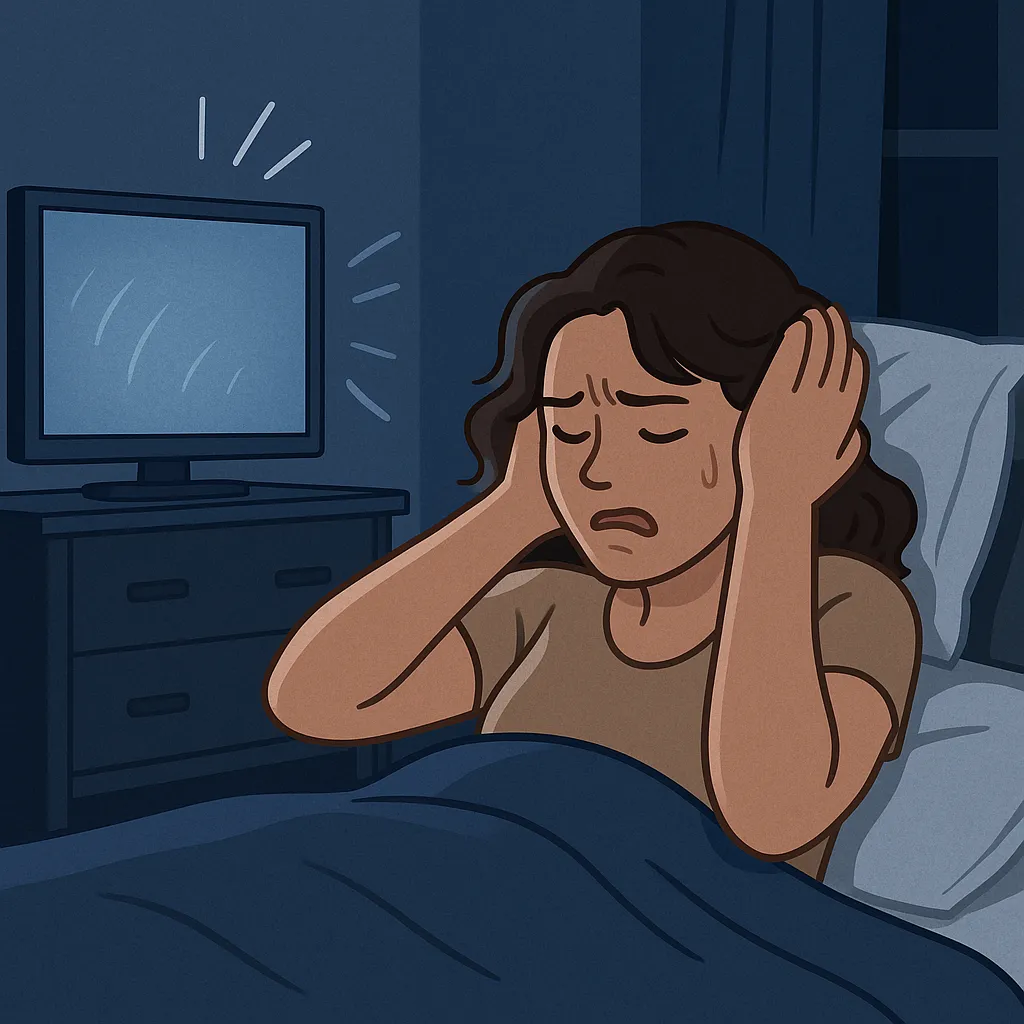 침대에-누운-여성이-TV-소음-때문에-귀를-막고-불편해하는-모습