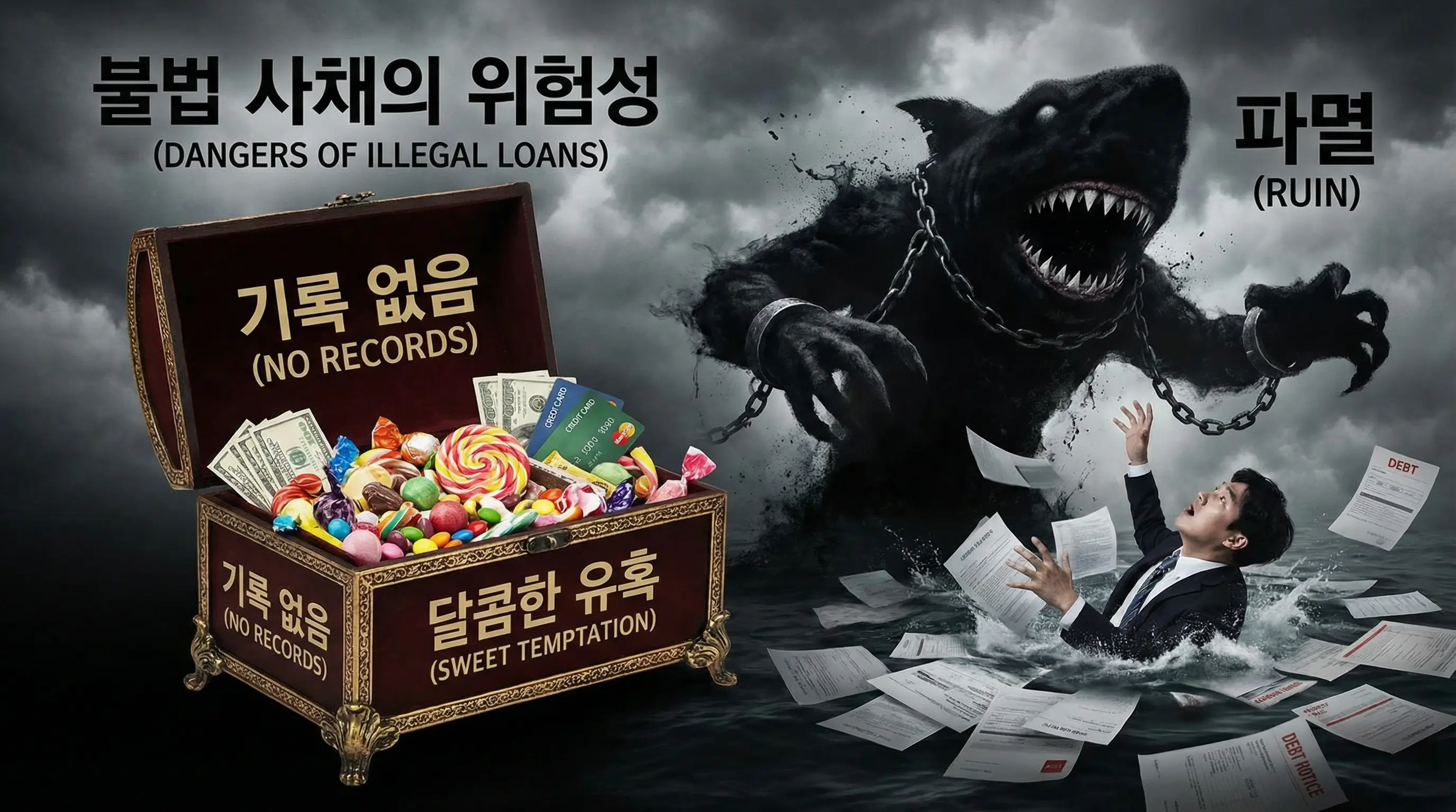 기록 없음이라는 달콤한 유혹 뒤에 숨겨진 불법 사채의 위험성을 경고하는 이미지