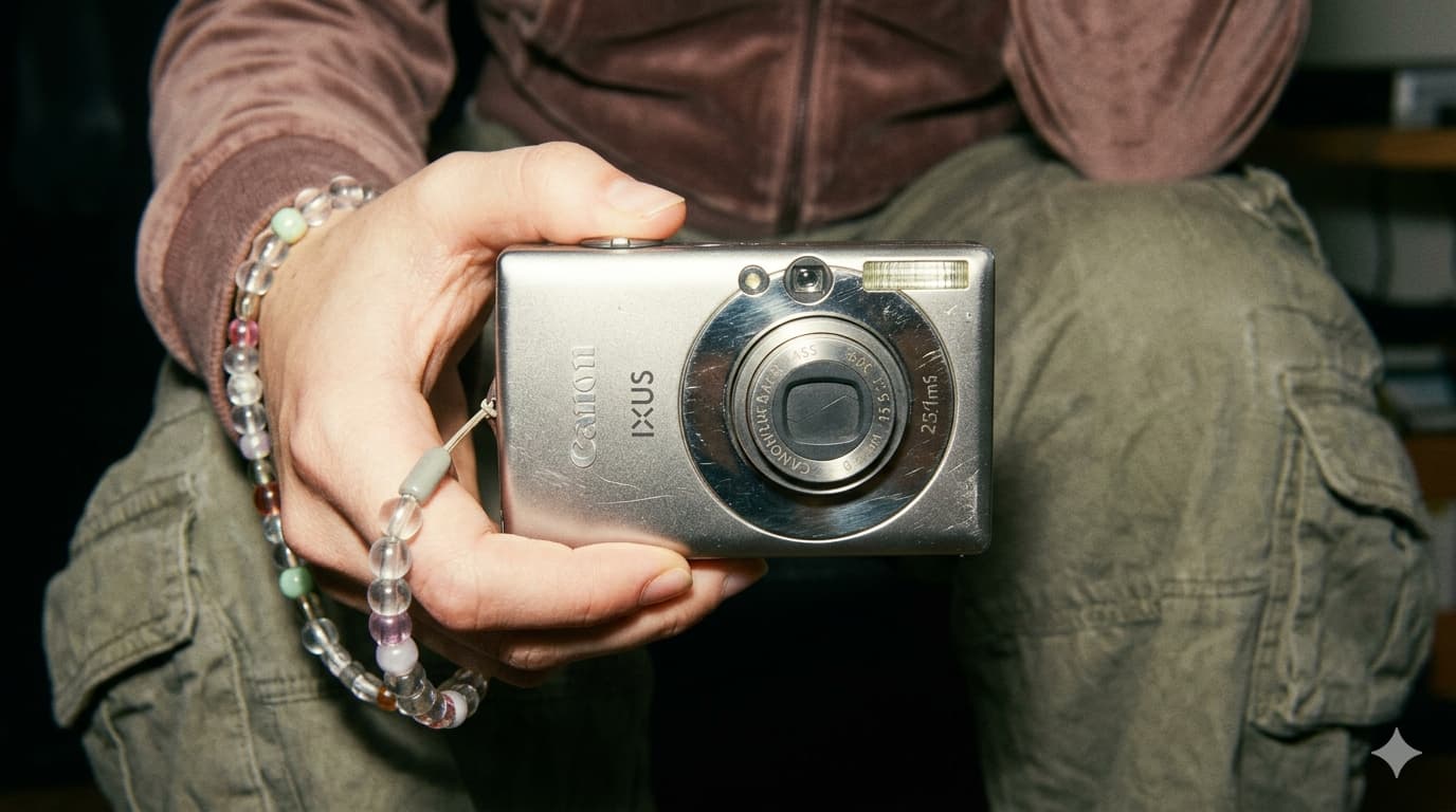 한 손에 든 실버 컬러의 캐논 익서스 빈티지 디카와 Y2K 스타일의 비즈 스트랩, 카고 팬츠 배경의 플래시 사진