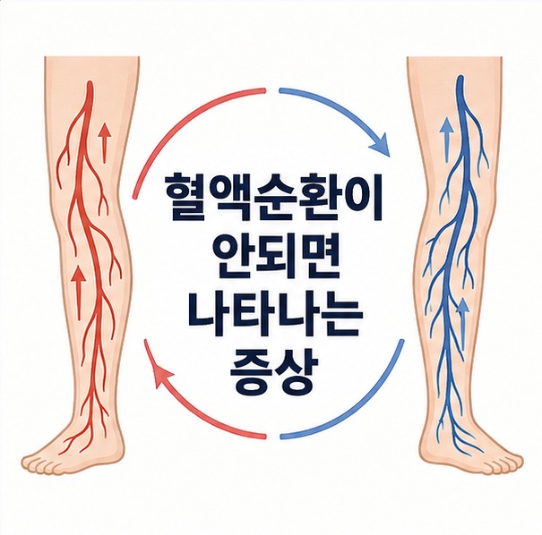 다리의 동맥과 정맥 혈류를 단순한 인체 도해로 표현해 혈액순환이 안되면 나타나는 증상을 설명하는 대표 이미지