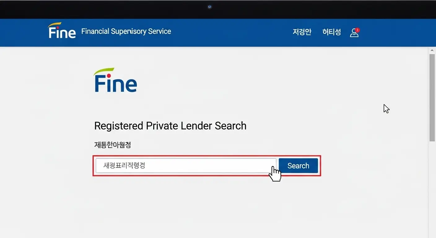 금융감독원 파인 웹사이트에서 '등록 대부업체 통합조회' 메뉴를 통해 업체명을 검색하는 화면