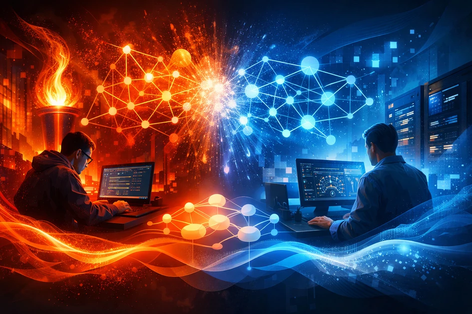 따뜻한 주황빛 연구 환경과 차가운 푸른빛 서버 환경이 좌우로 대비되며, 중앙의 발광 신경망 그래프가 두 영역을 연결해 PyTorch와 TensorFlow의 비교와 학습 전략을 상징하는 썸네일 이미지