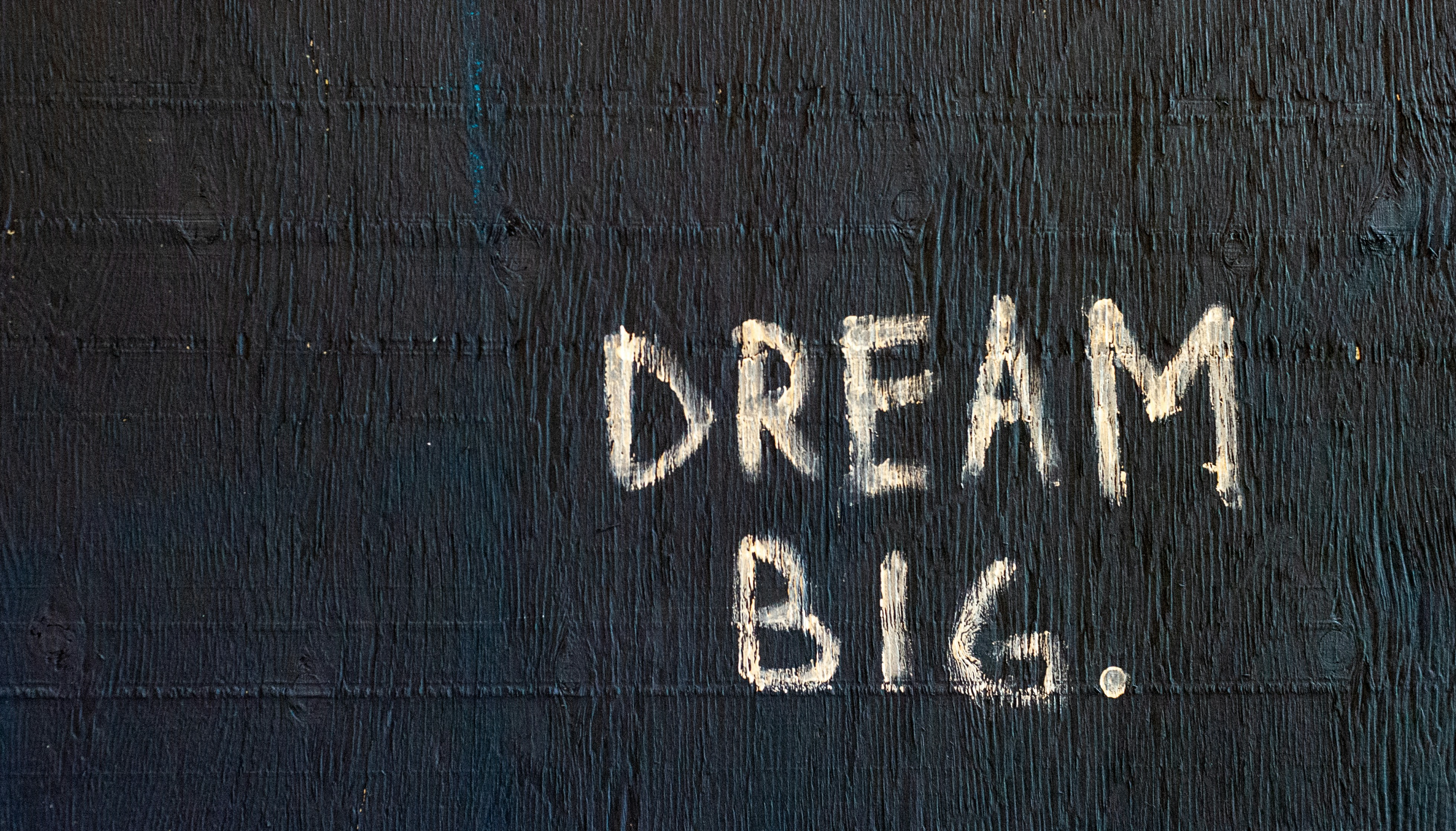 어두운 나무 벽에 흰색 페인트로 쓴 'DREAM BIG' 문구