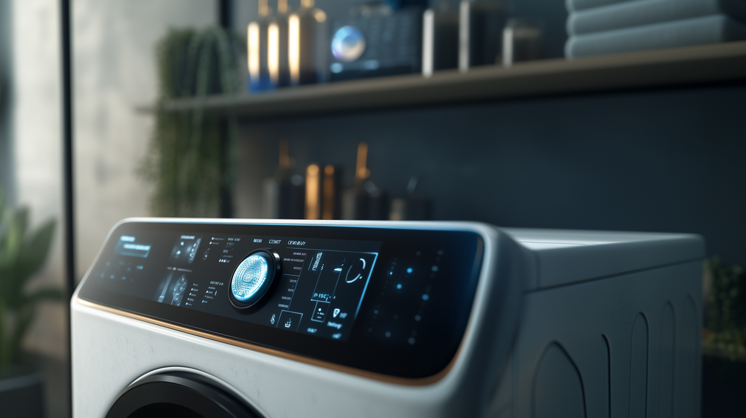 스마트 세탁기의 사용자 인터페이스를 가까이에서 보여주며, 지능형 세탁 사이클 설정이 디지털 방식으로 표시되고 있습니다.